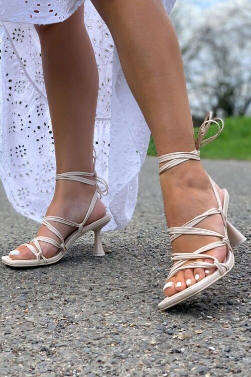 Cream Low Heel Strappy Sandal with Square Toe & Leg Tie