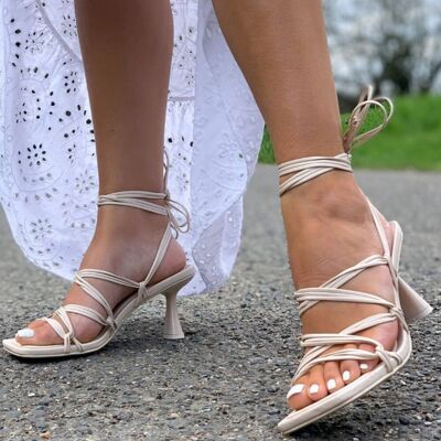 Cream Low Heel Strappy Sandal with Square Toe & Leg Tie