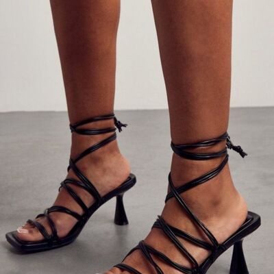 Black Low Heel Strappy Sandal with Square Toe & Leg Tie