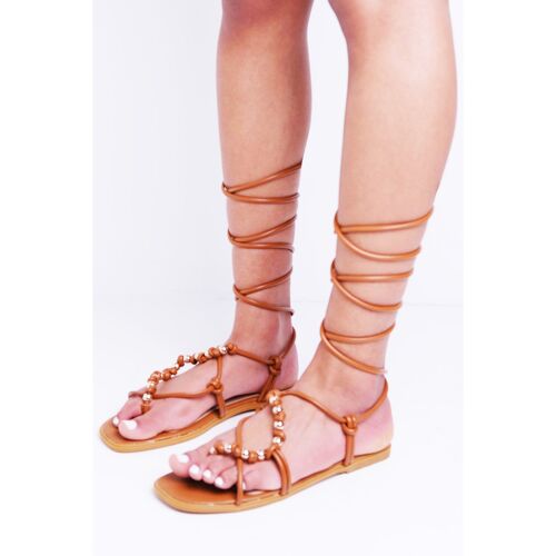 Tan PU Flatform Strappy Sandal with Beads & Leg Tie
