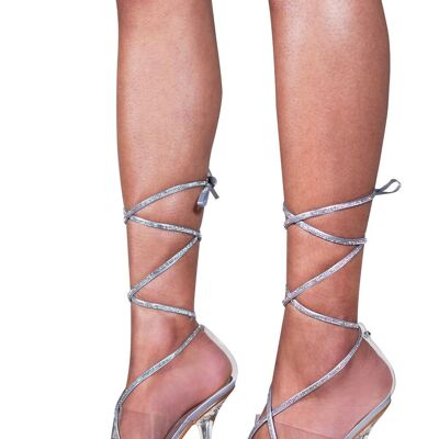 SILVER SATIN DIAMANTE CROSSOVER STRAP WITH LACE UP DETAIL HIGH HEEL