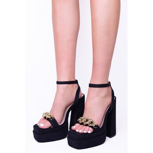 BLACK SUEDE SQUARE TOE PLATFORM BLOCK HIGH HEEL EITH CHAIN STRAP