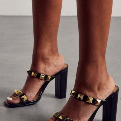 BLACK PU STRAPPY SQUARE TOE BLOCK HEEL WITH STUD DETAILS