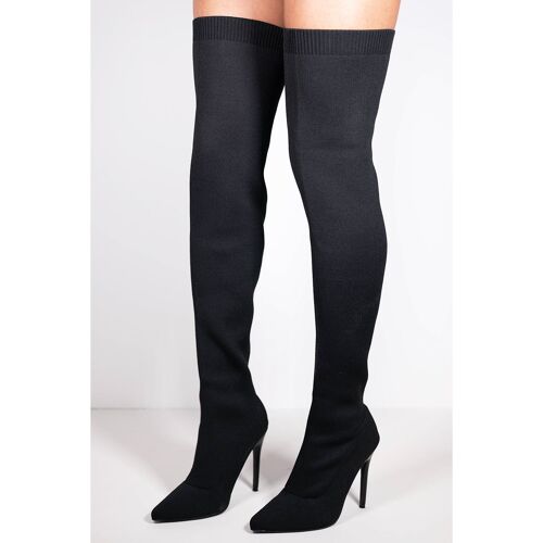 BLACK HIGH HEEL OVER THE KNEE BOOT WITH KNITTED SOCK