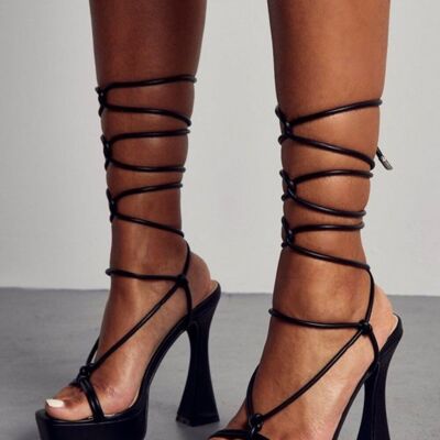 BLACK PU PLATFORM HIGH HEEL WITH KNOTTED LACE UP DETAIL