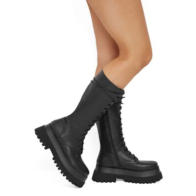 BLACK CHUNKY PLATFORM CALF BOOT WITH LACE UP FRONT