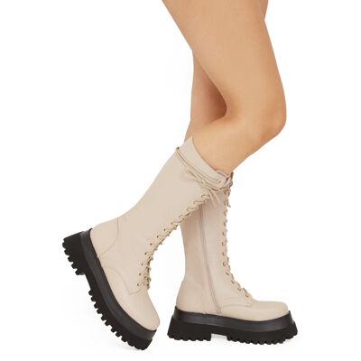 NUDE CHUNKY PLATFORM CALF BOOT WITH LACE UP FRONT