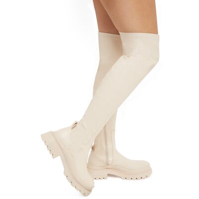 CREAM CHUNKY PLATFORM STRETCH OVER THE KNEE BOOTS