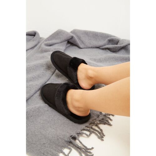 BLACK SUEDE TEDDY FAUX FUR LINED SLIPPERS