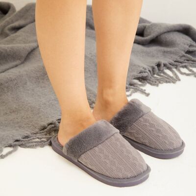 GREY WOVEN KNITTED TEDDY FAUX FUR SLIPPERS-12 PAIRS PER CARTON