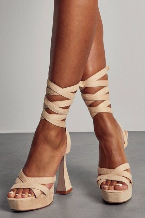 Light Cream Suede Flared Block High Heels With Lace-up Detail