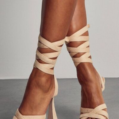 Light Cream Suede Flared Block High Heels With Lace-up Detail