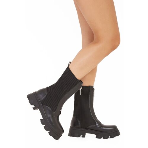 Black PU Knitted Leg Zip Up Calf Boots