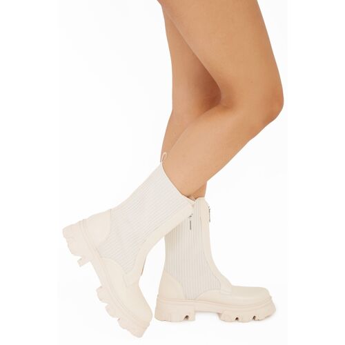 Cream PU Knitted Leg Zip Up Calf Boots