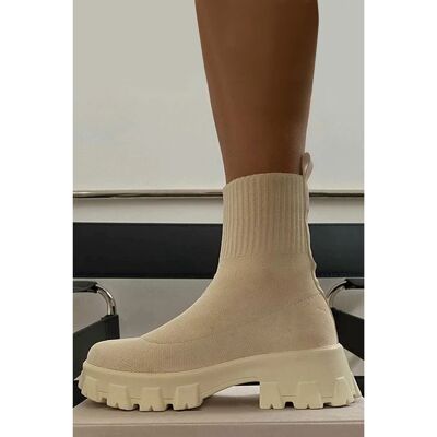 Cream Knitted Sock Pull On Chunky Ankle Boot