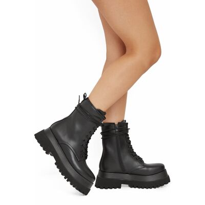 BLACK PU CHUNKY PLATFORM ANKLE FRONT LACE UP BOOT