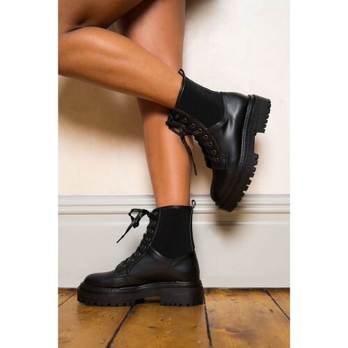 Black PU Ribbed Panel Lace Up Ankle Boots
