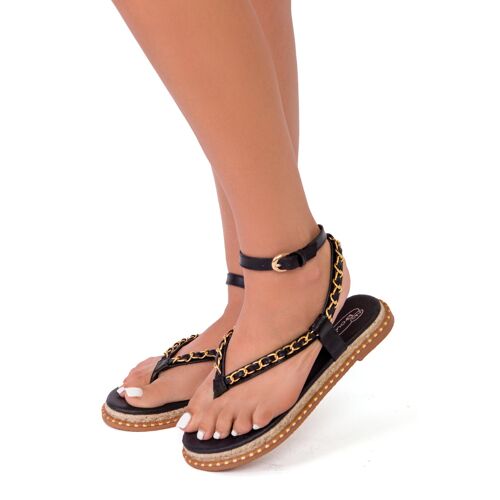 Black PU Gold Chain Strap Sandals