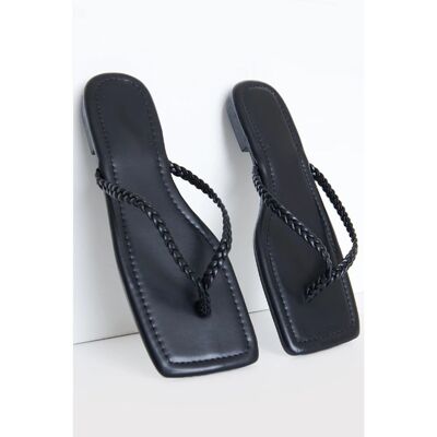 Black Braided Slim Strap Toe Thong Sandals