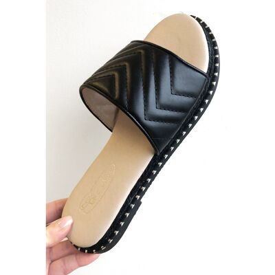 Black PU Woven Raffia Sliders