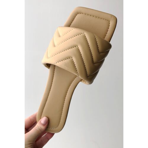Mocha PU Quilted Strap Slider Sandals