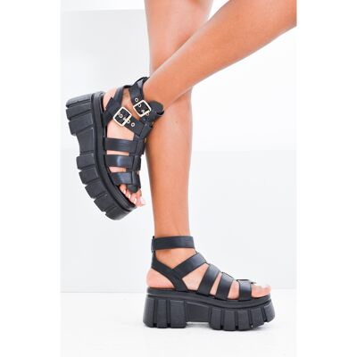 Schwarze, klobige Plateau-Sandalen aus PU mit mehreren Riemen