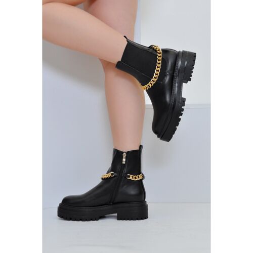 Black PU Chunky Drip Chain Ankle Boots