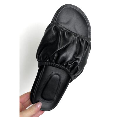 Black PU Ruched Slider Sandals
