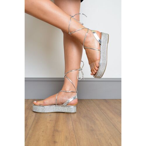 Silver Metallic Diamante Flatform Perspex Sandals
