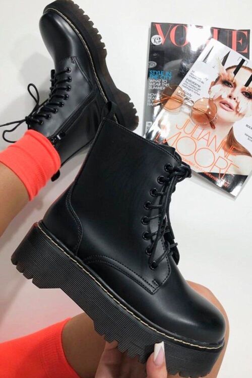 Black PU Contrast Stitch Chunky Ankle Boots