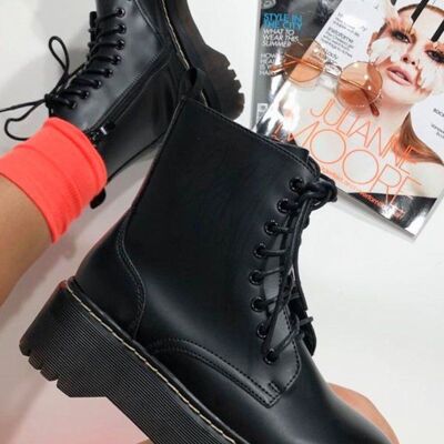 Black PU Contrast Stitch Chunky Ankle Boots