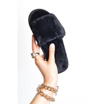 Schwarze Faux-Fur-Slider-Hausschuhe