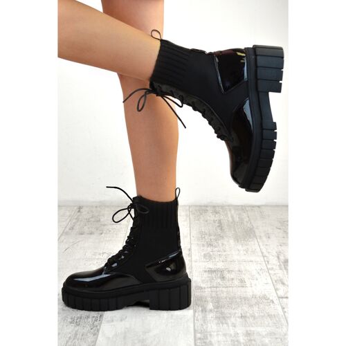 Black Patent Knitted Panel Cleated Platform Ankle Boots