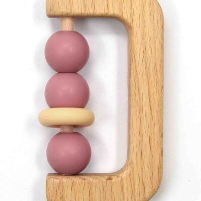 Hochet, silicone et bois 100% FSC, vieux rose