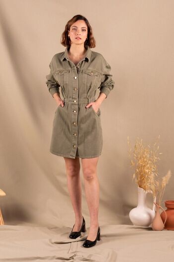 Robe Manches longues en jean vert olive en coton bio - Romy 1