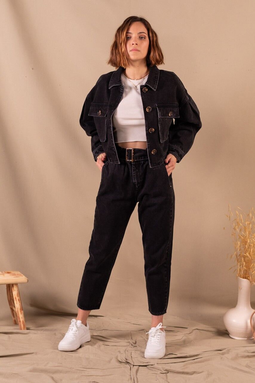 Jeans neri da donna Mom Paper bag in cotone biologico - Constance