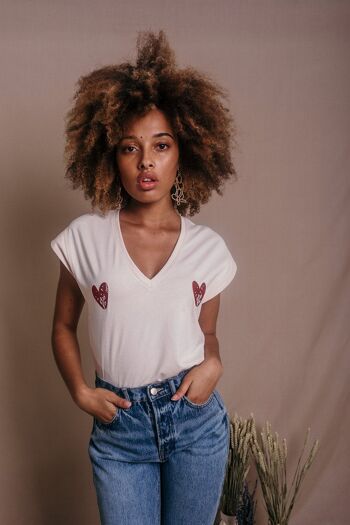 Tee-shirt Femme sable en coton bio - Delphine Cœurs 1