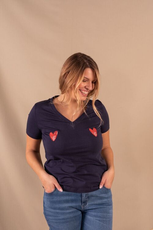 Tee-shirt Femme bleu marine en coton bio - Cathy Cœurs