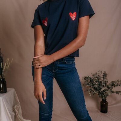 Women's navy blue organic cotton T-shirt - Agathe Cœurs