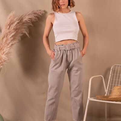 Jeans mujer Mom Paper bag gris claro en algodón orgánico - Constance