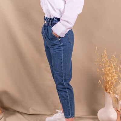 Jeans da donna Mom Paper bag blu medio in cotone biologico - Constance