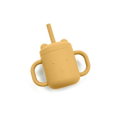 Silicone Cup with straw and double handle, honey yellow