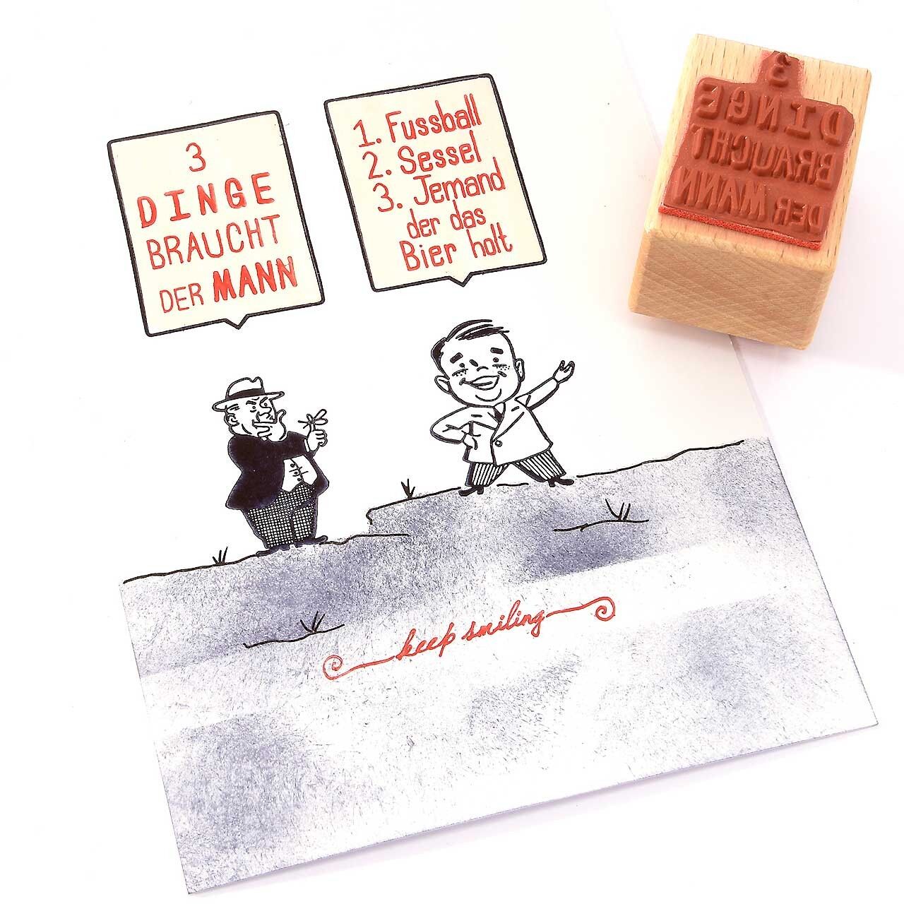 Titolo francobollo motivo: 3 cose di cui un uomo ha bisogno · 1. calcio, 2. poltrona, 3. qualcuno che va a prendere la birra