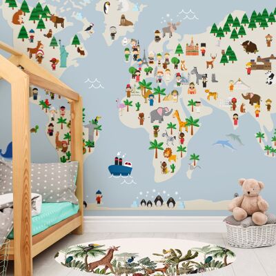 Mapamundi infantil - celeste - mural textil vinílico adhesivo-80099