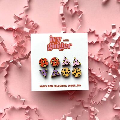 Juego de aretes brillantes mini con estampado de leopardo aretes pintados a mano