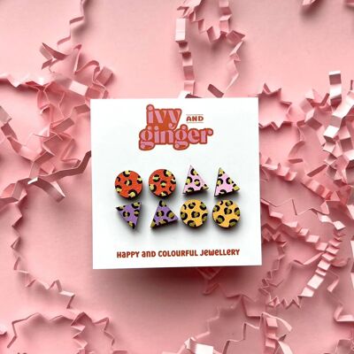 Bright mini leopard print stud set hand painted earrings