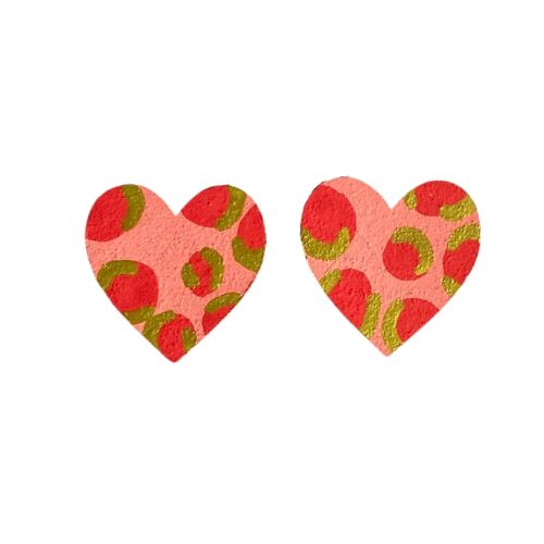 Red, pink and gold large leopard print heart stud hand painted eco friendly earrings