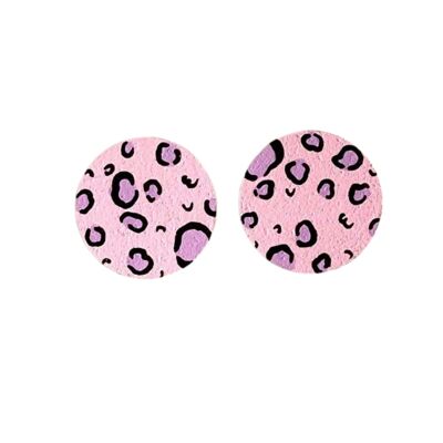 Pendientes grandes de tachuelas circulares con estampado de leopardo rosa y morado pintados a mano
