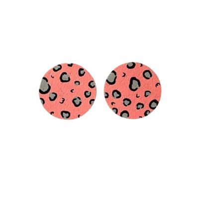 Pendientes grandes de tachuelas circulares con estampado de leopardo rosa y gris pintados a mano