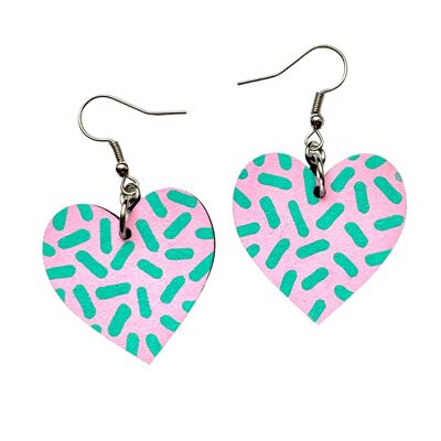 Pink and mint dash drop heart earrings hand painted
